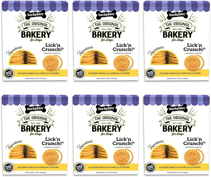 Three Dog Bakery Lick'n Crunch! Sandwich Cookies, Golden & Vanilla Flavor, Premium Treats for Dogs, 13 Ounce Box, 6-Pack, (114060) - PAWPICO