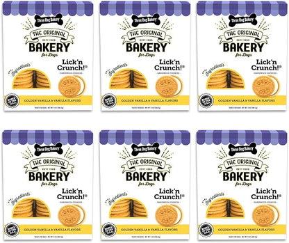 Three Dog Bakery Lick'n Crunch! Sandwich Cookies, Golden & Vanilla Flavor, Premium Treats for Dogs, 13 Ounce Box, 6-Pack, (114060) - PAWPICO