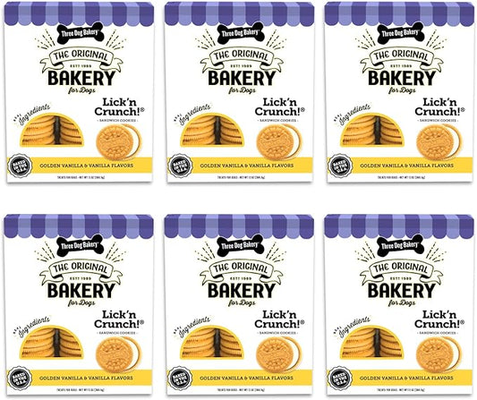 Three Dog Bakery Lick'n Crunch! Sandwich Cookies, Golden & Vanilla Flavor, Premium Treats for Dogs, 13 Ounce Box, 6-Pack, (114060) - PAWPICO