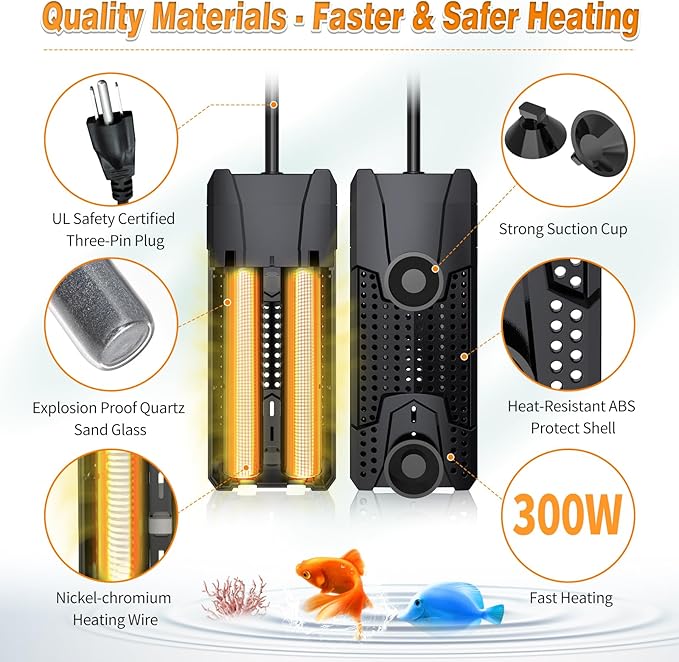 Aquarium Heater 300W/500W/800W/1000W for 20-300 Gal, Fish Tank Heater with Intelligent Leaving Water Automatica Stop Heating and Overheating Protection, for Freshwater & Saltwater MantaMaze