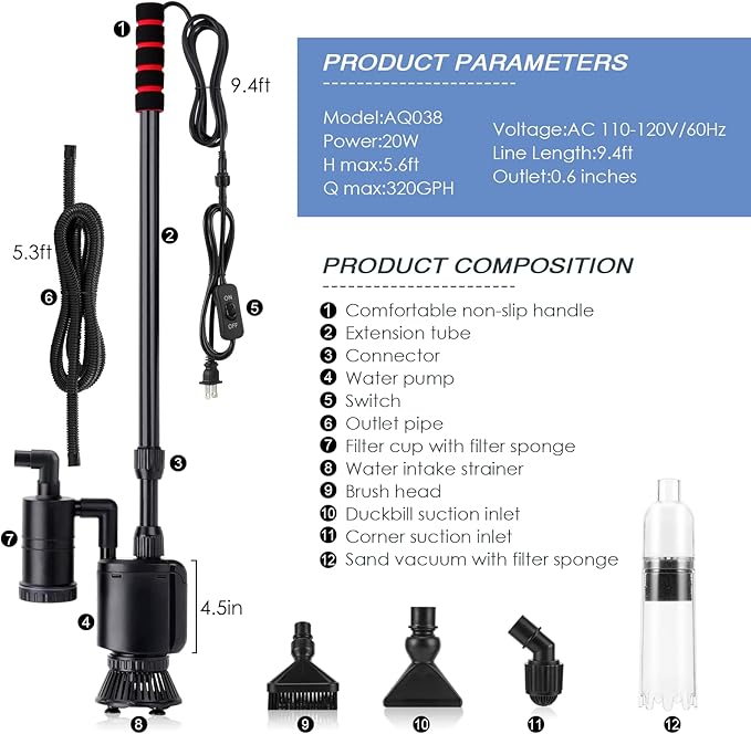 AQQA Electric Aquarium Gravel Cleaner, 6 in 1 Automatic Fish Tank Cleaning Tools Gravel Vacuum for Aquarium, Suitable for Change Water Wash Sand Water Filter and Water Circulation (320GPH, 20W) AQQA