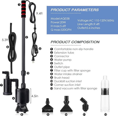 AQQA Electric Aquarium Gravel Cleaner, 6 in 1 Automatic Fish Tank Cleaning Tools Gravel Vacuum for Aquarium, Suitable for Change Water Wash Sand Water Filter and Water Circulation (320GPH, 20W) AQQA