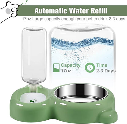 Dog Bowls, Cat Food and Water Bowl Set with Water Dispenser and Stainless Steel Bowl for Cats and Small Dogs - Green - PAWPICO