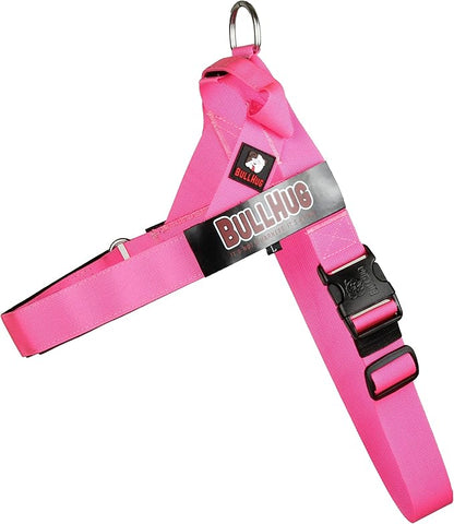 BULLHUG Harness – Made for Larger Chested Dogs Like English Bulldogs, French Bulldogs, Pugs & More. Stops Dogs from Pulling & Choking on Walks (NEON Pink, XL) BULLHUG