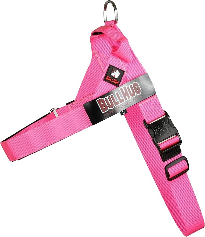 BULLHUG Harness – Made for Larger Chested Dogs Like English Bulldogs, French Bulldogs, Pugs & More. Stops Dogs from Pulling & Choking on Walks (NEON Pink, Large) BULLHUG