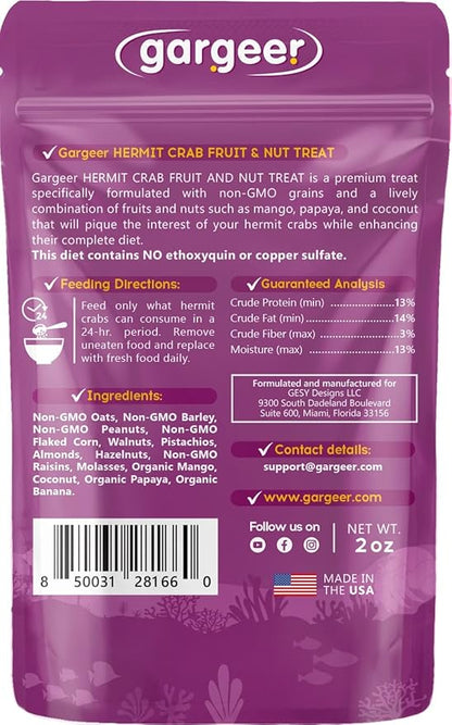 Hermit Crab Fruit and Nuts Treat. Non-GMO Yummy Premium Ingredients, to Meet All Nutritional Needs. 2oz Granular Textured ‘Surprise Your Crab’ Meal. Enjoy! Gargeer