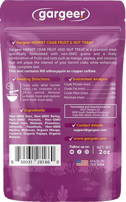 Hermit Crab Fruit and Nuts Treat. Non-GMO Yummy Premium Ingredients, to Meet All Nutritional Needs. 2oz Granular Textured ‘Surprise Your Crab’ Meal. Enjoy! Gargeer