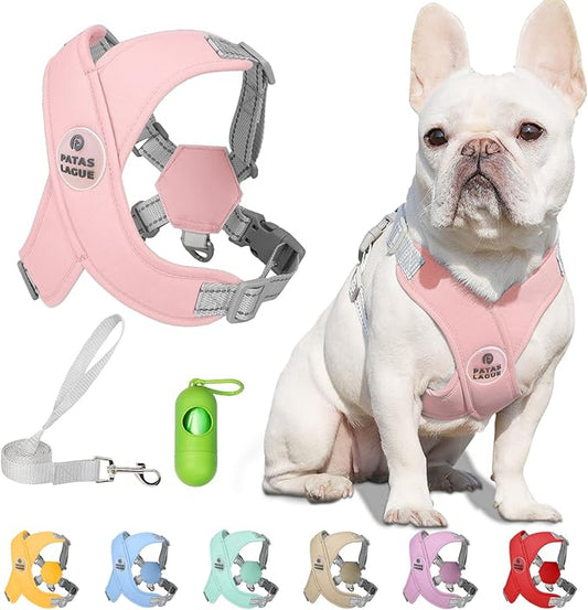 Patas Lague Dog Harness with Leash Set Adjustable Soft Padded Step-in Dog Vest No Choke No Pull Reflective for Medium Pets with Poop Bags and Dispenser, Solid and No-chew, Pink L PatasLague