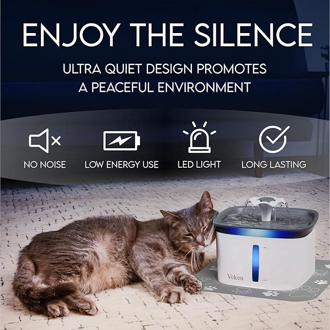 Veken 95oz/2.8L Pet Fountain, Automatic Cat Water Fountain Dog Water Dispenser with Replacement Filters for Cats, Dogs, Multiple Pets (Grey, Plastic) - PAWPICO