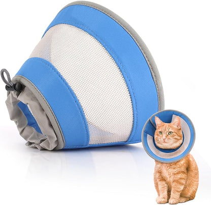 Cat Cone, Breathable Cat Cone Collar Soft, Adjustable Cat Cone to Stop Licking, Water Resistant Neck Cone for Cats with Air Mesh, Protective Cat Recovery E Collar for Cat Kitten（Blue,S-2 GoGoPaw