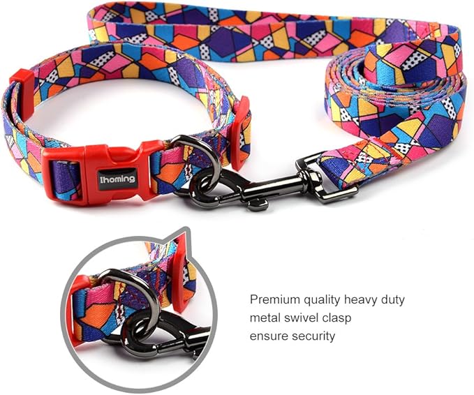 Ihoming Dog Collar and Leash Set for Daily Outdoor Walking Running Training, Geometric Design for Large Boys Girls Dogs Cats Pets, L-Up to 80LBS Ihoming