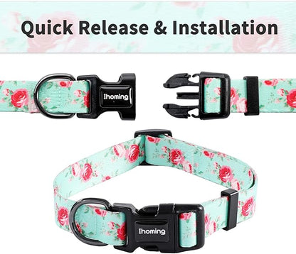 Ihoming Dog Collar and Leash Set for Daily Outdoor Walking Running Training, Floral Spring Design for Medium Boys Girls Dogs Cats Pets, M-Up to 45LBS Ihoming