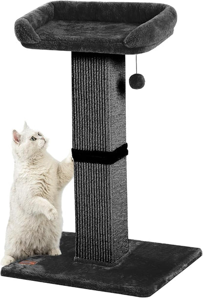 32" Cat Scratching Post for Indoor Cats, Sisal Cat Scratcher with Plush Perch, Large Scratch Post with Bed, Removable Cover, Sisal Fabric,Black - PAWPICO