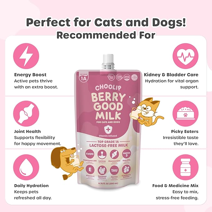 Berry Good Pet Milk. 10pk Vitamin-Infused Cat Milk, Dog, Kitten, Puppy Milk. Dog Bladder Support, Cat Kidney Support, Cat Urinary Supplement Cranberry, Omega 3, CoQ10, Glucosamine, Taurine CHOOLIP