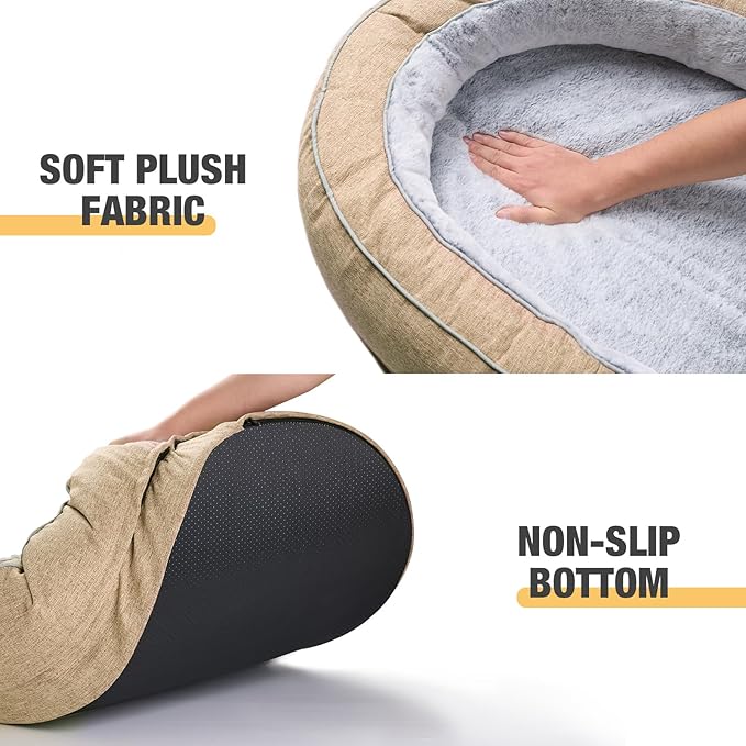 Veehoo Cat Bed for Kitten, Anti-Anxiety Donut Pet Bed with Removable Washable Cover, Indoor Oval Orthopedic Cat Bed with Egg Crate Foam Support & Non-Slip Bottom 19.7" x 15" Beige Coffee - PAWPICO