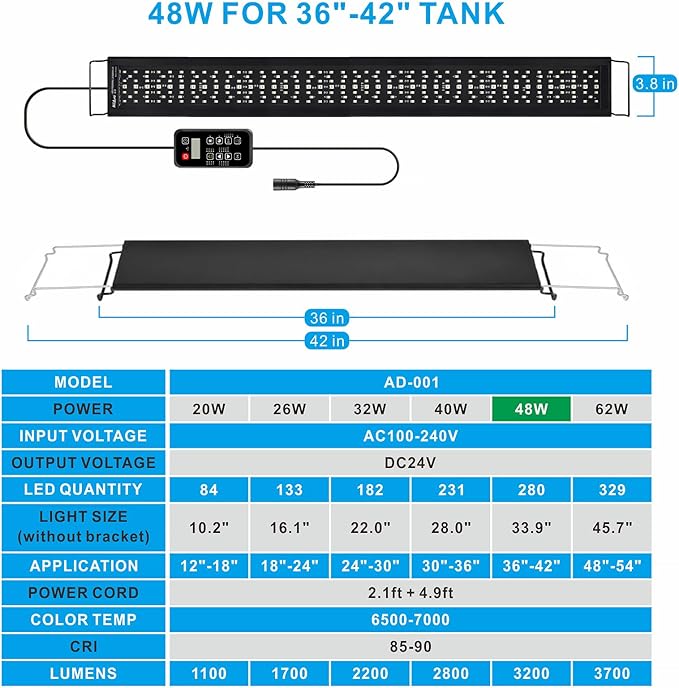 Advanced 7-Row LED Aquarium Light, Easy Setup Controller, Auto On Off Full Spectrum Fish Tank Light, 24/7 Lighting Cycle, 8 Colors, 10 Level Dimming, 48W for 36"-42" Freshwater Planted Tank Alidou
