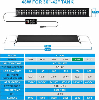 Advanced 7-Row LED Aquarium Light, Easy Setup Controller, Auto On Off Full Spectrum Fish Tank Light, 24/7 Lighting Cycle, 8 Colors, 10 Level Dimming, 48W for 36"-42" Freshwater Planted Tank Alidou