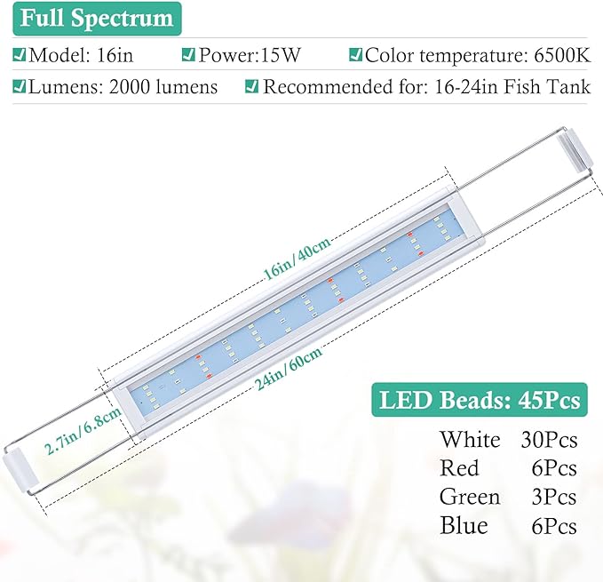 HITOP Full Spectrum LED Aquarium Light – 16-24” Classic Fish Tank Light with Timer, Aquarium Plant Light with Stable Extendable Brackets (16-24in) HITOP-FocusonAquarium