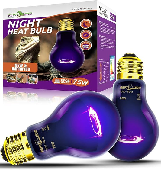 REPTI ZOO 75W Reptile Heat Lamp 2Pack Reptile Night Heat Bulb Night Heat Lamp Without UVA for Turtle Bearded Dragon Gecko Lizard and Snake E26/E27 Purple REPTIZOO