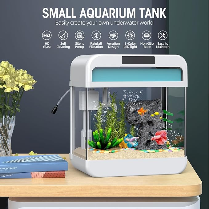 Fish Tank Aquarium 2.2 Gallon Fish Bowl with Adjustable 3 Color Lighting 3 in 1 Pump with Filteration, Oxygenation, Water Circulation Triple Function, HD Float Glass, Leak-Proof Thickened Base Focusonhomelifeandhealth