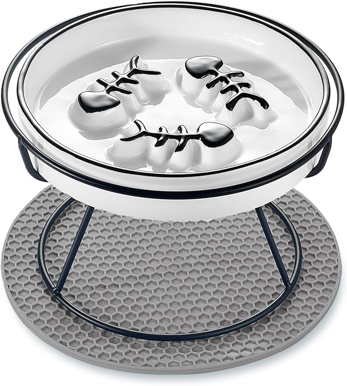 Elevated Cat Slow Feeder Bowls,Whisker Friendly Cat Bowl, Ceramic Raised Slow Feeder Bowl, Anti Vomit Promotes Digestion Slow Feeder Bowls for Dry and Wet Food - PAWPICO