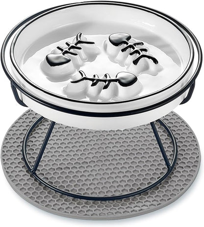Elevated Cat Slow Feeder Bowls,Whisker Friendly Cat Bowl, Ceramic Raised Slow Feeder Bowl, Anti Vomit Promotes Digestion Slow Feeder Bowls for Dry and Wet Food - PAWPICO