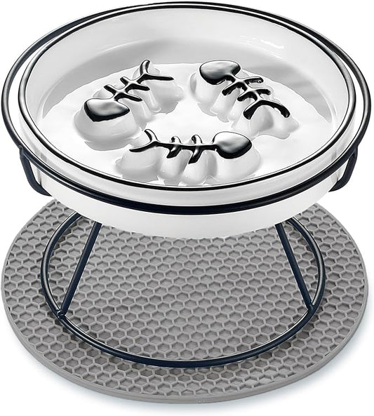 Elevated Cat Slow Feeder Bowls,Whisker Friendly Cat Bowl, Ceramic Raised Slow Feeder Bowl, Anti Vomit Promotes Digestion Slow Feeder Bowls for Dry and Wet Food - PAWPICO