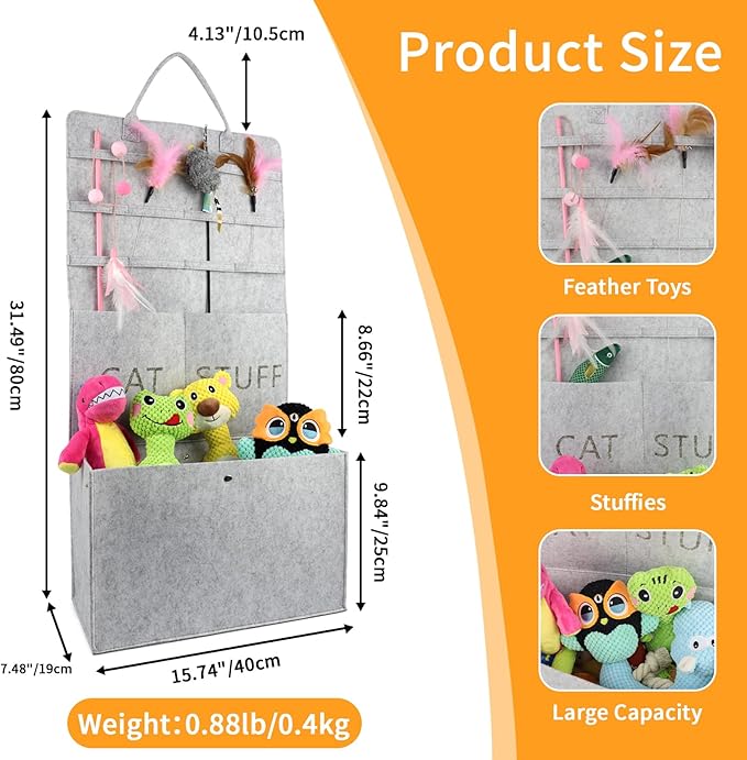 Cat Toy Storage Box for Wand Toys, Durable Pet Storage Organizer with Handle for Cat Feather Toy Foldable Storage Hanging Bag for Keeping Teaser Wand Toys, Grey - PAWPICO