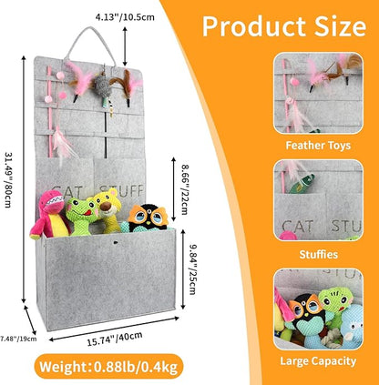 Cat Toy Storage Box for Wand Toys, Durable Pet Storage Organizer with Handle for Cat Feather Toy Foldable Storage Hanging Bag for Keeping Teaser Wand Toys, Grey - PAWPICO