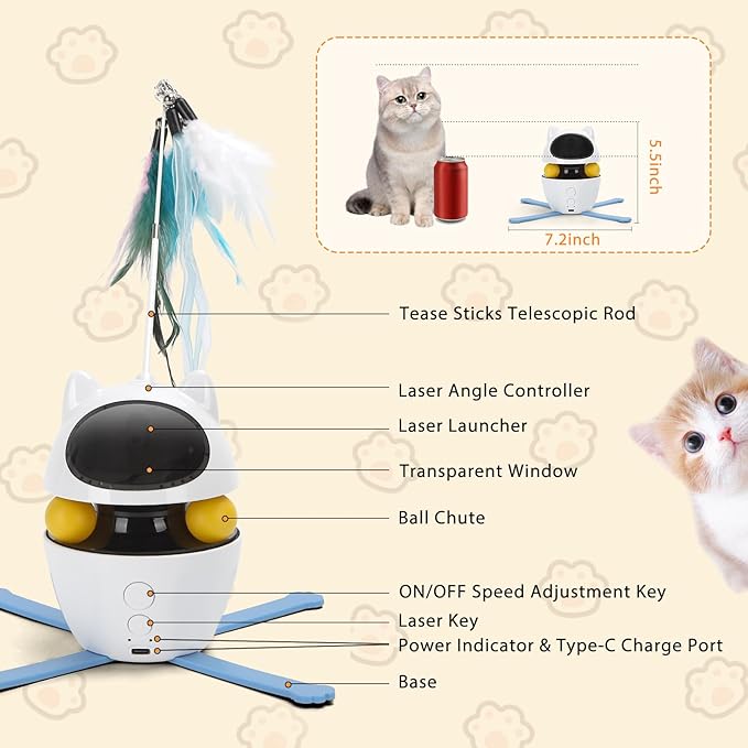 Nobleza 3-in-1 Cat Laser Toy with Feather Trackball, Rechargeable Pet Interactive Pointer Red Light Game, 3 Modes Random Trajectory Motion Activated Boredom Buster for Cat Self Play Home Indoor - PAWPICO