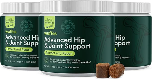 Wuffes Chewable Dog Hip & Joint Supplement - Glucosamine & Chondroitin Chews - Dog Joint Supplements & Vitamins - Extended Joint Care (Small&Medium Breeds (0-65 lbs), 180 Chews (Pack of 3)) Wuffes
