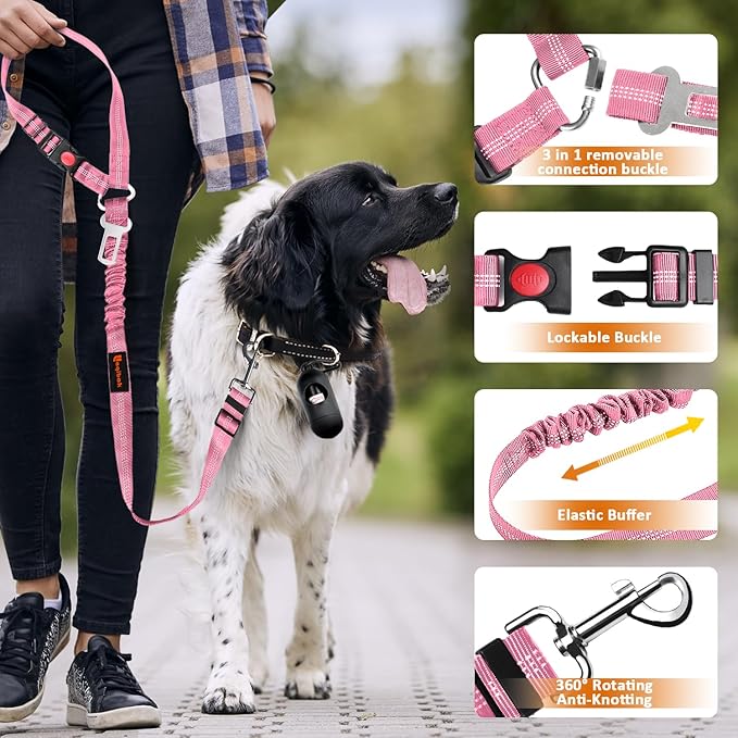 Removable Dog Seat Belt Harness for Car, 3 in 1 Pet Dog Car Seatbelt Leash, Retractable Restraint Secures to Vehicle Headrest & Adjustable Reflective Bungee Dog Seatbelt Tether, Pink laqibakProductcollection