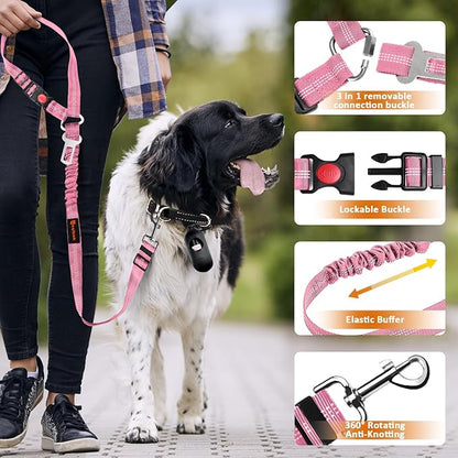Removable Dog Seat Belt Harness for Car, 3 in 1 Pet Dog Car Seatbelt Leash, Retractable Restraint Secures to Vehicle Headrest & Adjustable Reflective Bungee Dog Seatbelt Tether, Pink laqibakProductcollection