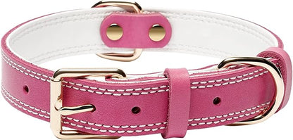 Dog Collar,Genuine Leather Dog Collar,Heavy Duty Dog Collar,Valentines Dog Collar for Small Dog, Medium Dog,Large Dog and Extra Large Dog (M: 1" Wide for 15.2"-19.2" Neck,Dual Stitch - Pink) DAIHAQIKO