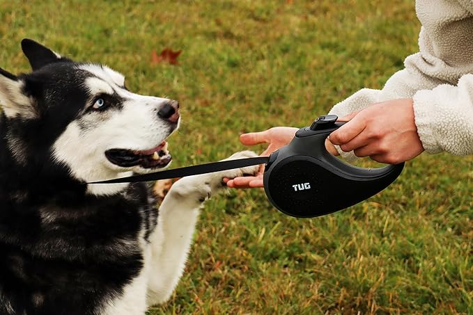 TUG 360° Tangle-Free Retractable Dog Leash with Anti-Slip Handle | 16 ft Strong Nylon Tape | One-Handed Brake, Pause, Lock (Large, Black/Grey) TUG