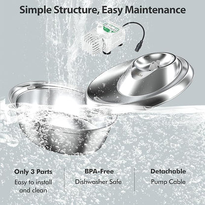 ORSDA Cat Water Fountain Stainless Steel, 2L/67oz Pet Fountain for Cats Inside, Automatic Dog Drinking Dispenser Cat Feeding & Watering Supplies with 2 Filter - PAWPICO