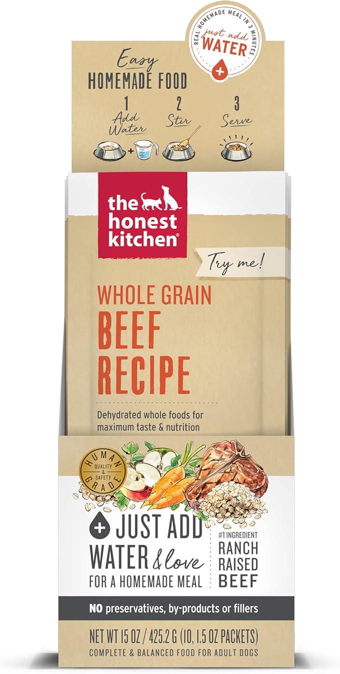 The Honest Kitchen Human Grade Dehydrated Whole Grain Dog Food – Complete Meal or Dog Food Topper – Beef 10-Pack of 1.5 oz Sachets - PAWPICO