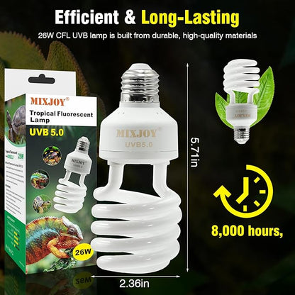MIXJOY UVB Bulbs for Reptiles 5.0, 26W Tropical UVA UVB Light, Compact Fluorescent UVB Lamp for Reptiles, UVB Light for Chameleons,Turtles and Other Lizards MIXJOY