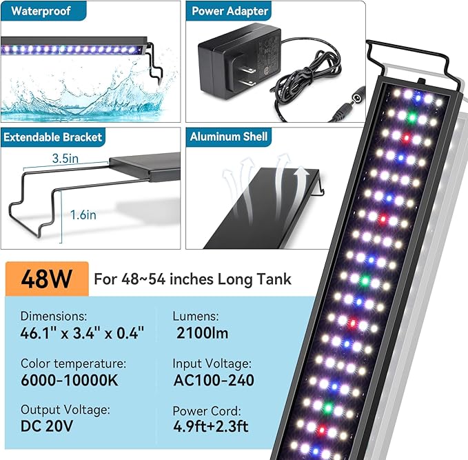 hygger Aquarium LED Light Fish Tank Full Spectrum Lighting with 24/7 Day-Night Cycle Mode & Auto On/Off Timer, 7 Color Options, Dimmable, Extendable Bracket for 48~54in Tank Plant Lights hygger