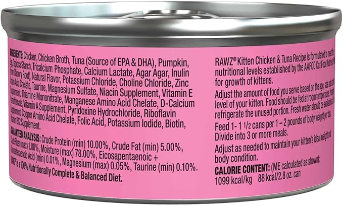 Rawz Natural Premium Pate Canned Kitten Wet Food - Made with Real Meat Ingredients No BPA or Gums -2.8 oz Cans (Case Pack of 18) (Chicken & Tuna) - PAWPICO