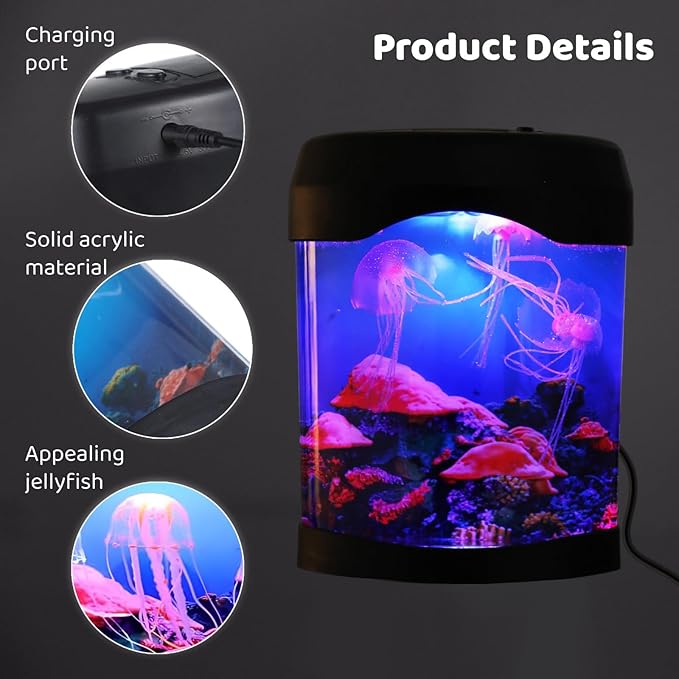 Led Jellyfish Lamps, 6 Color Changing Light Effect, USB Jellyfish Tank Aquarium Mood Lamp with Small Colored Stones Colorful Jellyfish Night Light Gifts for Men Women Students OMISTAR