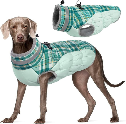 FUAMEY Dog Winter Coat,Dog Jackets with Harness Built in Dog Cold Weather Coats Dog Paded Vest Dog Apparel with Zipper on Back Pet Reflective Clothes for Small Medium Large Dogs Green Plaid XXL - PAWPICO