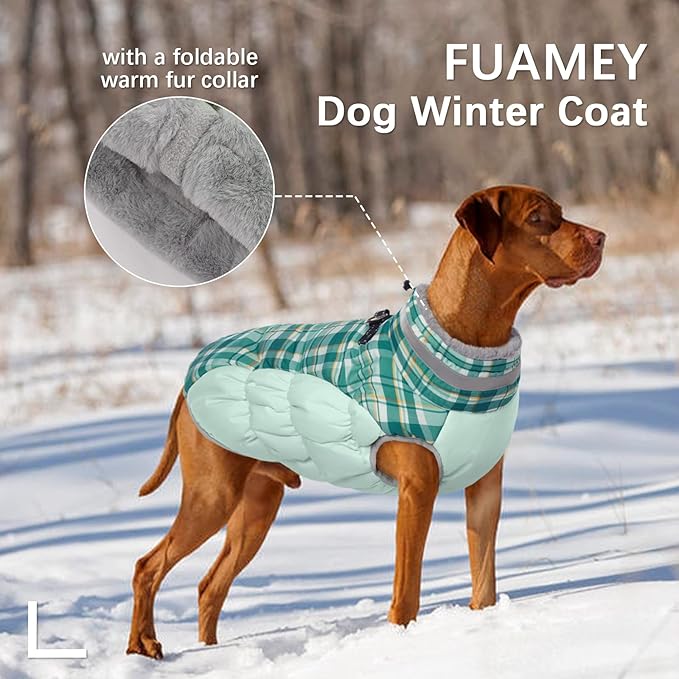 FUAMEY Dog Winter Coat,Dog Jackets with Harness Built in Dog Cold Weather Coats Dog Paded Vest Dog Apparel with Zipper on Back Pet Reflective Clothes for Small Medium Large Dogs Green Plaid S - PAWPICO
