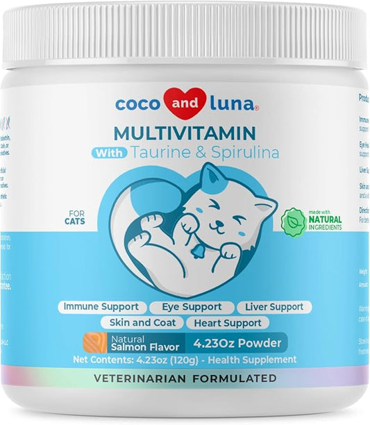 Multivitamin for Cats - 4oz Powder - L-Lysine, Taurine, and Spirulina for Immune Support and Eye Health - Fish Oil & Vitamins for Skin and Heart Health. (for Cats) CocoandLuna