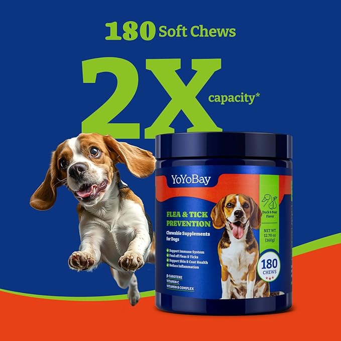Flea and Tick Prevention for Dogs Chewable - 180 Soft Chews, Duck & Pear Flavor - Dog Flea and Tick Treatment Chewable, Natural Defense- Dog Immune Support Supplement YoYoBay