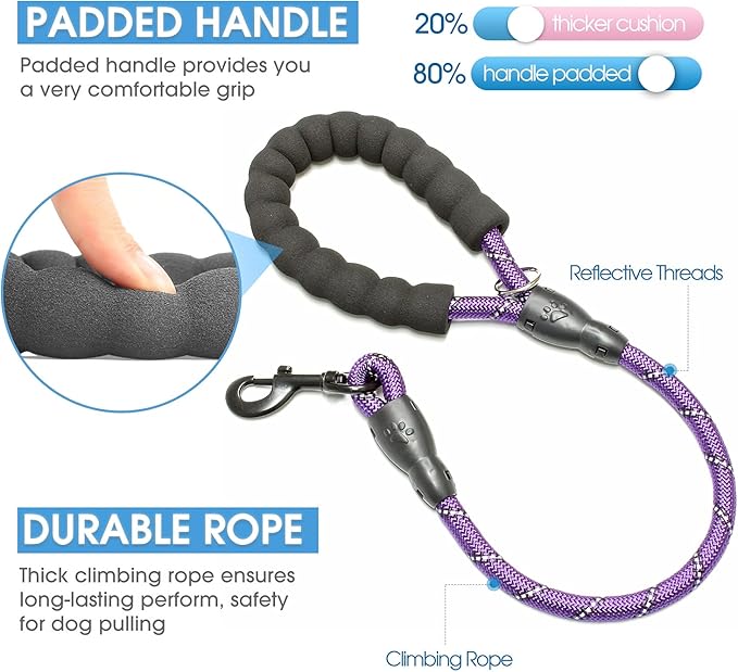 BAAPET 2/4/5/6 FT Dog Leash with Comfortable Padded Handle and Highly Reflective Threads for Small Medium and Large Dogs (2FT-1/2'', Purple) BAAPET