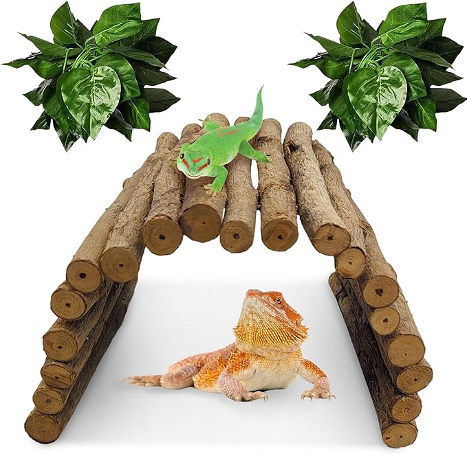 Hamiledyi Wooden Reptile Hideout Bearded Dragon Bendy Bridge Climbing Ladder Hiding Hut Reptiles Hide Cave Habitat Decor for Lizards Gecko Spiders Snakes Tortoise(M:11.8" x 6.7") Hamiledyi