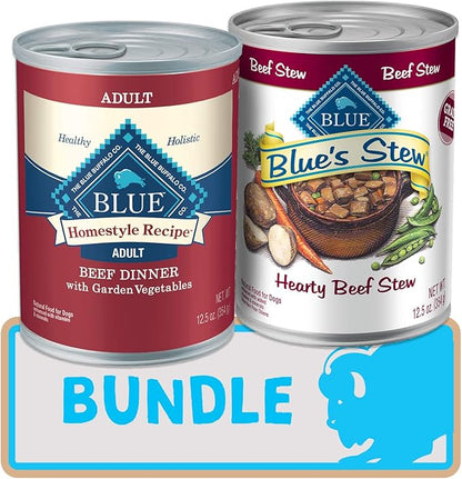 Blue Buffalo Homestyle Recipe Natural Adult Wet Dog Food, Mixed Textures Beef 12.5-oz Cans (24 Count- 12 of Each Flavor) - PAWPICO