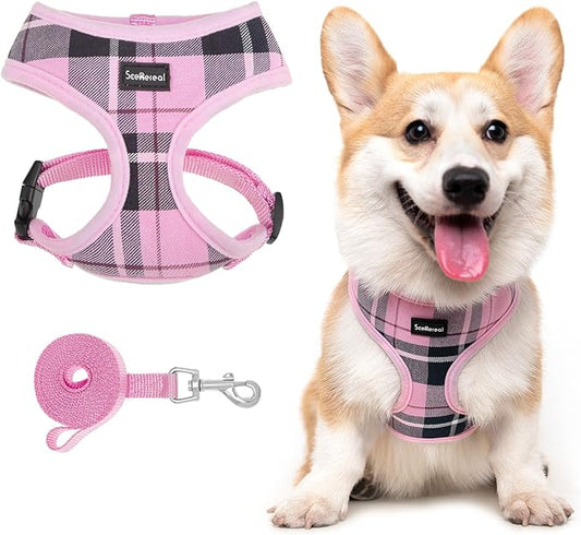 SCENEREAL Puppy Dog Harness with Leash Set for Small Medium Sized Dogs, Soft Mesh Step in Pet Harnesses and Leash, No Chock Plaid Adjustible No Pull Vest for Dogs Cats, Chihuahua,Bulldog (Pink M) SCENEREAL
