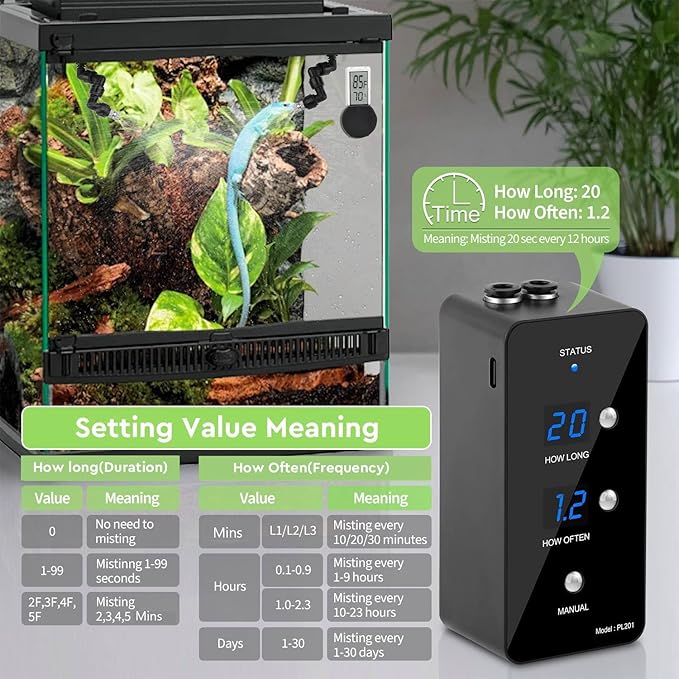 Moistenland Reptile Humidifier, Misting System for Reptile Terrariums, Automatic Misting System with Adjustable Spray Nozzles, Black Moistenland
